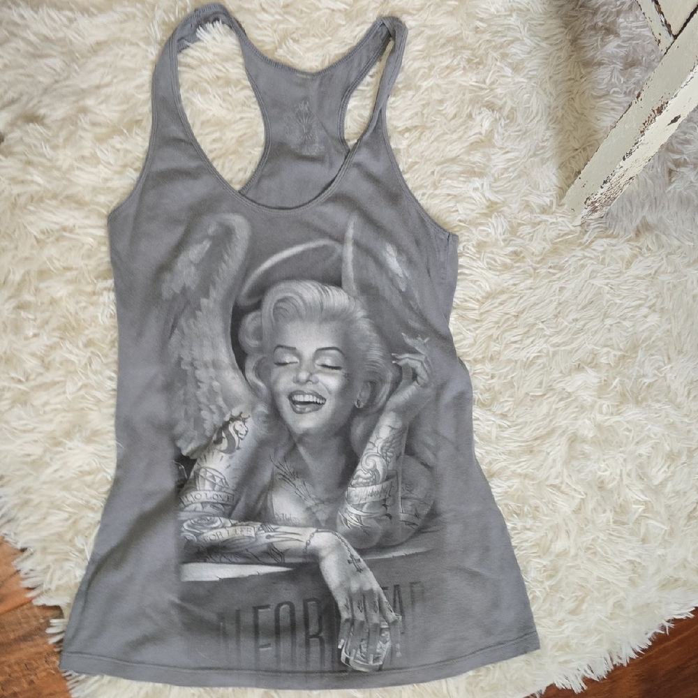 Gray Tattoed Marilyn Monroe Angel Graphic Tank Top